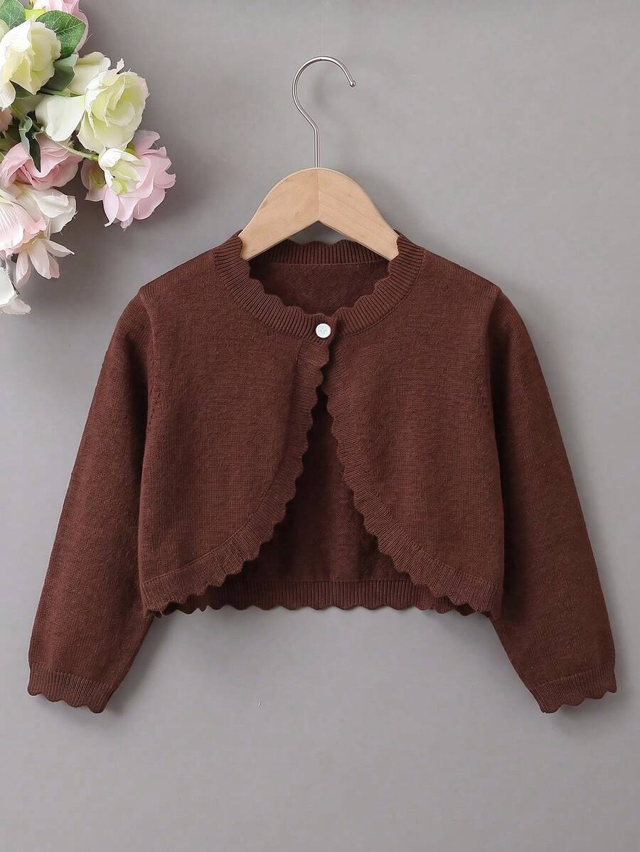 SHEIN Elladie kids 女童純色長袖休閒單扣針織開襟衫 - 棕色 - 查看 1