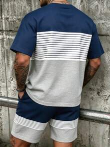 Fenqiro Men's Colorblock Patchwork T-Shirt & Shorts Set - Multicolor - View 2