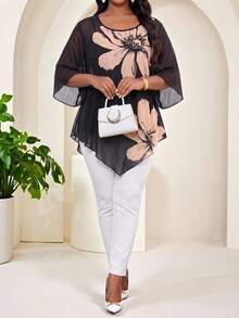 SHEIN Lady CURVE Plus Size Elegant Traditional Commuter Formal Birthday Black Blouse Summer - Multicolor - View 4