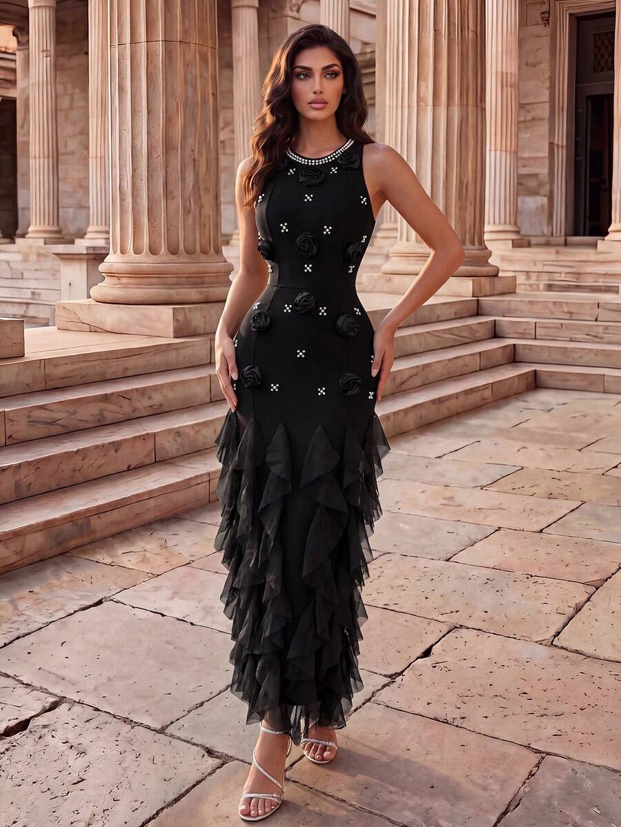 Coutiva Women's Sexy Rhinestone 3D Floral Decor Ruffle Hem Dress - Black - View 1