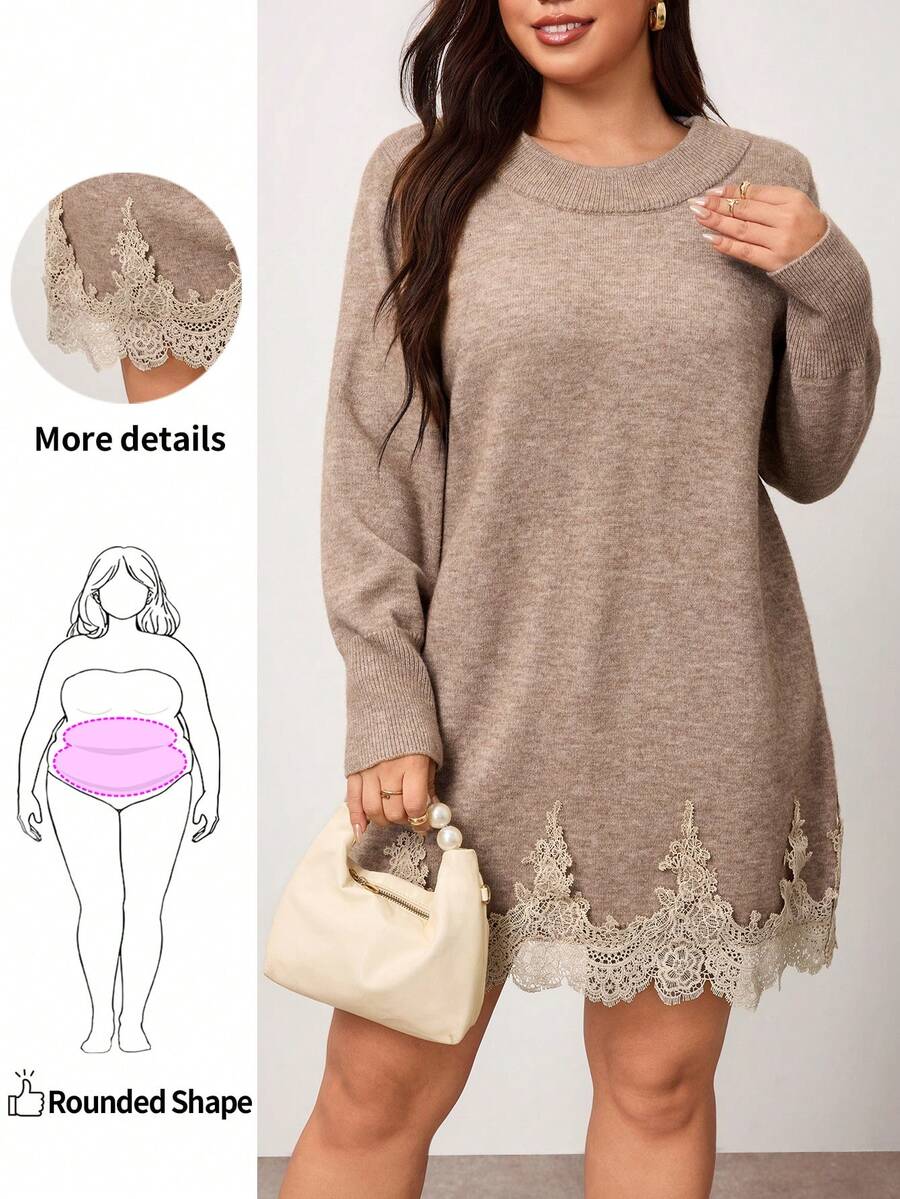 Enliva Plus Size Women's Contrast Lace Hem Round Neck Long Sleeve Knit Dress Winter - Apricot - View 1