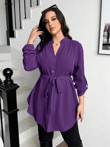SHEIN Essnce 大尺碼女款純色捲袖單排扣休閒襯衫 秋季 - 紫色 - 查看 4