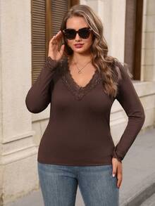EMERY ROSE Plus Size Women's Autumn/Winter Casual Elegant Fashion Commuter Solid Brown Lace Patchwork T-Shirt Top,Daily Wear Fall,Warm,Base Layer,Going Out - Brown - View 4