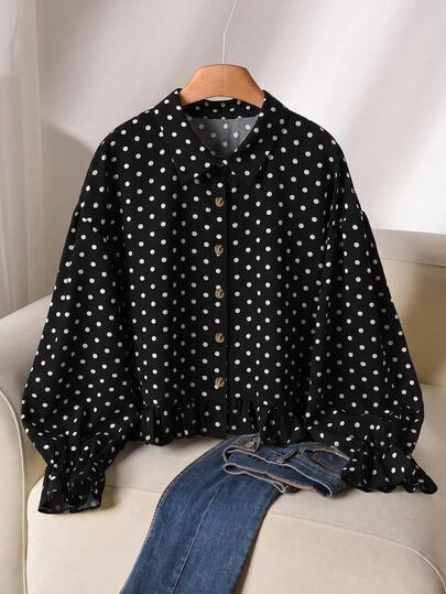 CosyJoli Plus Size Casual Polka Dot Textured A-Line Doll Style Button-Up Shirt