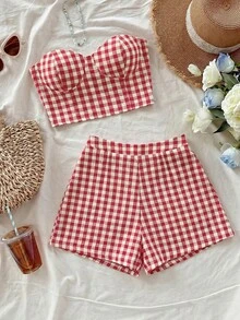 Flora Isola Flora Isola Conjunto de dos piezas para mujer de primavera y verano: top sin tirantes a cuadros rosa y shorts, diseñado en un estilo dopamina, perfecto para vacaciones, ocasiones de ocio diario, con un aspecto delicado y elegante. - Multicolor - Ver 4