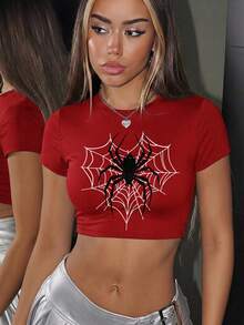 SHEIN ICON 休閒極簡蜘蛛圖案圓領短袖修身短版女款T恤，適合夏季 - 紅色 - 查看 6