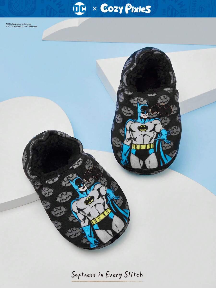 BATMAN X Cozy Pixies 可愛童趣黑色時尚百搭男童防滑室內拖鞋 柔軟毛絨保暖冬季居家鞋 輕量嬰兒居家拖鞋 - 黑色 - 查看 1