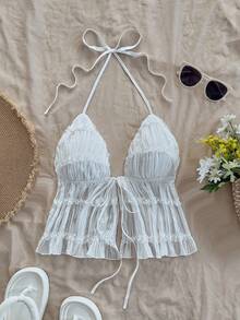 Soleia White Summer Textured Backless Tank Top For Women,Adjustable Straps Chiffon Lace Off The Shoulder Western Top No Chest Padding - White - View 5