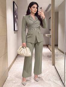 Feyla Setelan Jas Baru Gaya Prancis dengan Desain Unik, Celana Panjang Model Mengembang dengan Ikat Pinggang Ramping, Cocok untuk Perjalanan Sehari-hari, Serbaguna, dan Elegan, Warna Hijau Muda. - Hijau - View 4