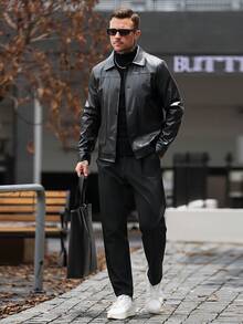 Manfinity CasualCool 男士成熟休閒純黑色夾克 - 黑色 - 查看 5