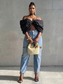 BamGlimmer Plus Size Black Off Shoulder Big Bow Camisole Crop Top For Women - Black - View 5