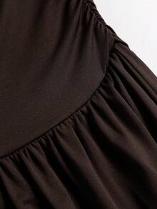 Sweetra Women's Elegant High-End Fashion Brown Mesh & Comfortable Milk Silk Long Asymmetrical Shoulder Dress - Coffee Brown - View 4