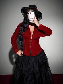 Whyspr Spring/Autumn/Winter Red Button Velvet Fabric High-End Romantic Sexy Elegant Exquisite Fashion Design Niche Design Deep V-Neck New Must-Have Daily Wear Plus Size Women's Jacket Halloween Gothic Style - Red - View 5