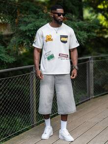 thenoahjr thenoahjr 男士宽松趣味卡通及口号图案落肩短袖 T 恤，适合外出、朋友聚会 - 白色 - 查看 3