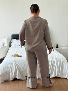Napfluff CURVE Napfluff CURVE Sweet Striped Collared Plus Size Pajama Set, Bow Tie Cuffs And Hem Comfortable 2 Pieces Set - Multicolor - View 2