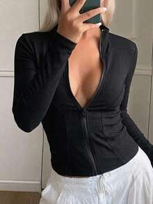 DAZY 女款小立領羅紋長袖修身基礎層休閒防曬薄外套 - 黑色 - 查看 3