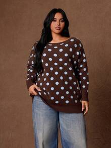 Rustia Plus Size Women's Polka Dot Asymmetric Shoulder Casual Daily Long Sleeve Sweater Fall - Multicolor - View 4
