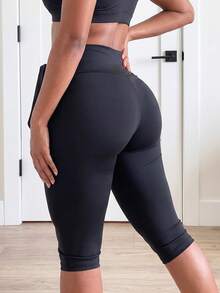 SHEIN Core Rhythm Plus Size Women's One-Piece Solid Color Sports Leggings With Drawstring Waistband & Long Pants - Black - View 2