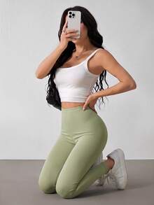 SHEIN PETITE Women's Solid Color High Waist Casual Versatile Leggings - Olive Green - View 7