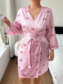 Napfluff CURVE Napfluff CURVE Bowknot Striped Print Faux Silk Minimalist Plus Size Nightgown - Pink - View 7