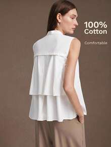 Ontre 2026 New Autumn Women's Loose Fit White Sleeveless Top, Woven Fabric, Round Neck, Button Front, Ruffle Hem, A-Line, Casual, Work Teachers' Day - White - View 1
