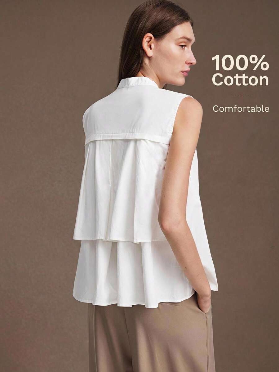 Ontre 2026 New Autumn Women's Loose Fit White Sleeveless Top, Woven Fabric, Round Neck, Button Front, Ruffle Hem, A-Line, Casual, Work Teachers' Day - White - View 1