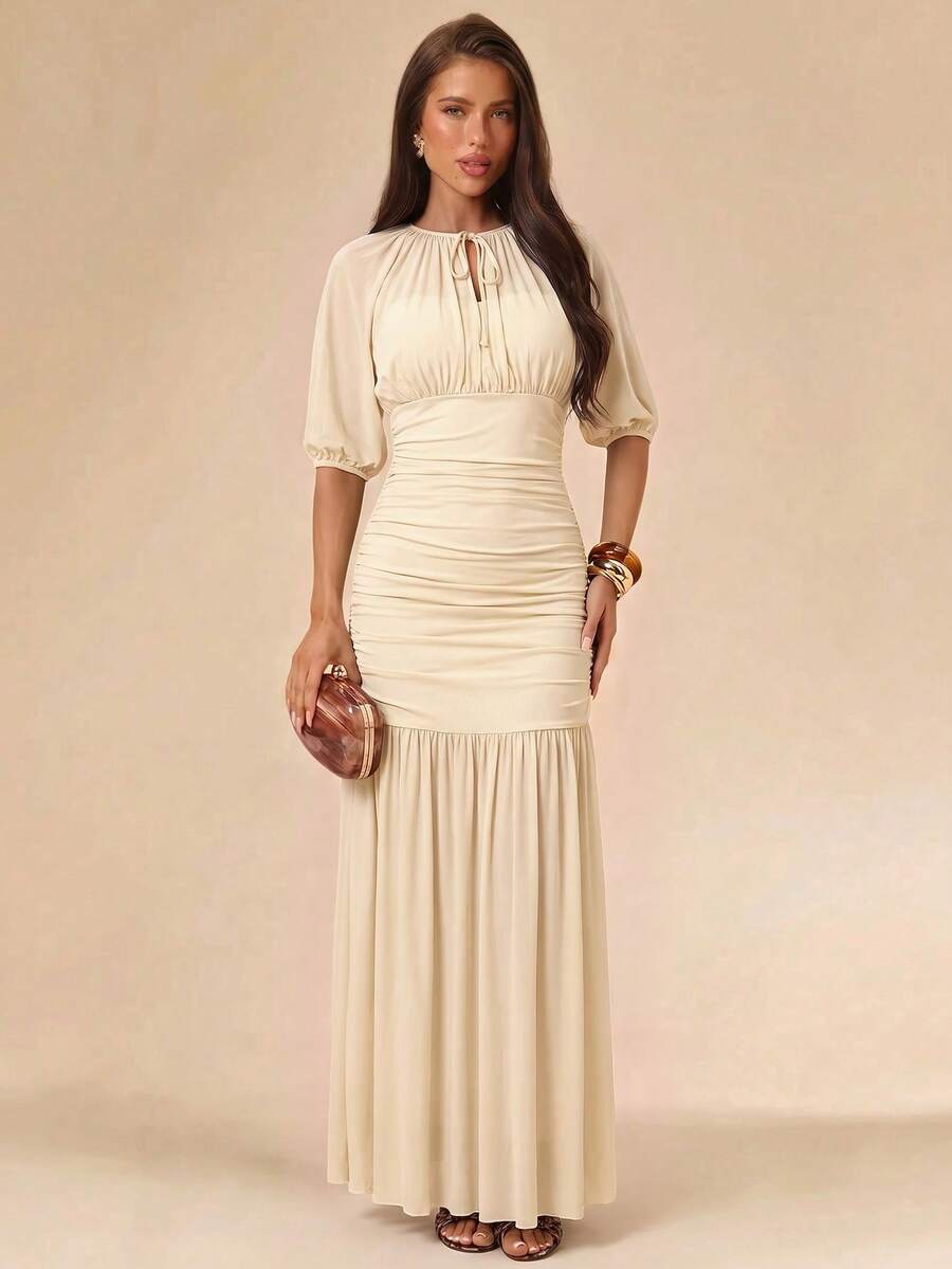 SHEIN BAE 女款純色領口百褶插肩短袖優雅珠飾洋裝,乳白色,適合度假、秋季早午餐、茶會 - 杏色 - 查看 1