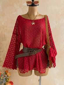 Soleia Long Sleeve Asymmetrical Shoulder Knit Jacquard Loose Fit Split Hem Top - Red - View 7