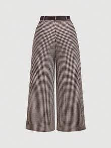 SHEIN MOD Plus Size Autumn/Winter Houndstooth Pleated Wide Leg Pants, Casual Collegiate Style, Daily Commute Outfit, Old Money Aesthetic, Modern Chic - Brown - View 2