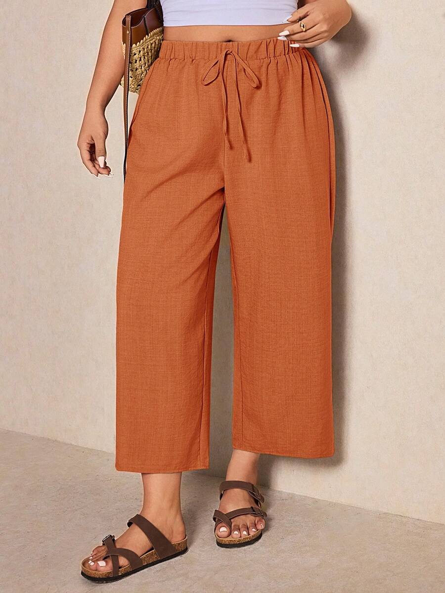 Elaquor Plus Size Solid Color Casual Vacation Pants - Rust Brown - View 1