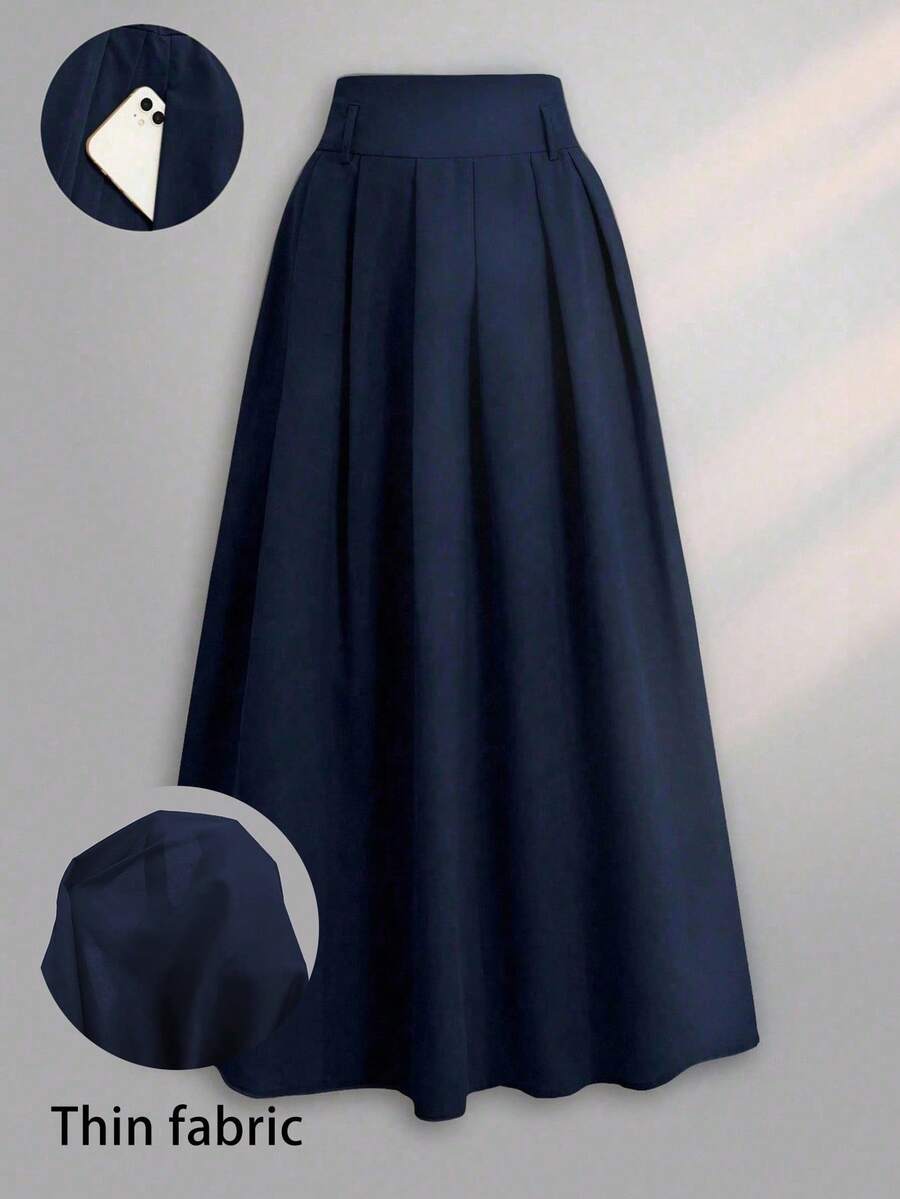 Franclia Plus Size Solid Color High Waisted Pleated A-Line Skirt, For Autumn Maxi Women Fall For Women - Navy Blue - View 1
