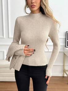 SHEIN PariChic Autumn/Winter Casual Solid Color Stand Collar Short Sleeve Sweater & Long Sleeve Sweater 2pcs Set - Apricot - View 6