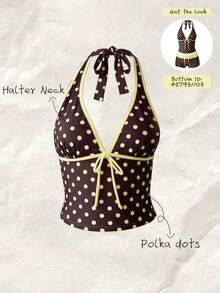 Elavelle Women's Halter Neck Sleeveless Polka Dot Tankini Top With Matching Short Bottom Set - Multicolor - View 1