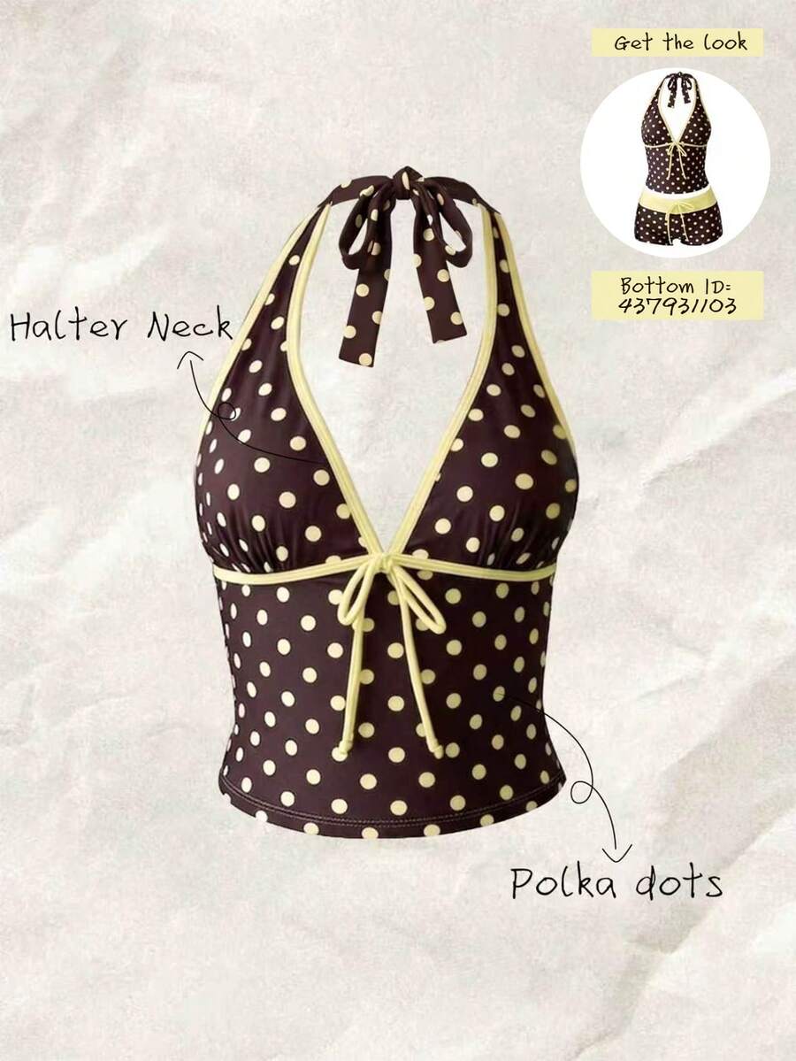 Elavelle Women's Halter Neck Sleeveless Polka Dot Tankini Top With Matching Short Bottom Set - Multicolor - View 1