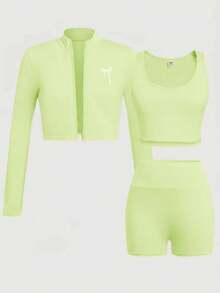 SHEIN Girlism 少女休閒日常百搭舒適修身純色蝴蝶結刺繡圖案運動服 - 黃色 - 查看 6