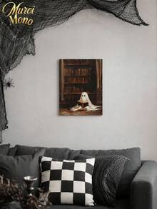 Muroi Mono 1pc Dark Academia Canvas Wall Art, Retro Painting Of Cute White Ghost Reading Book In Old Library, Gothic Spooky Art Print Poster, Home Aesthetic Wall Hanging Decor For Living Room Bedroom Halloween Decor - multicolor - View 10