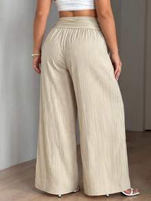 SHEIN PETITE CURVE Pantalones de pierna ancha con cintura fruncida de unicolor para mujer talla grande otoño - Albaricoque - Ver 3