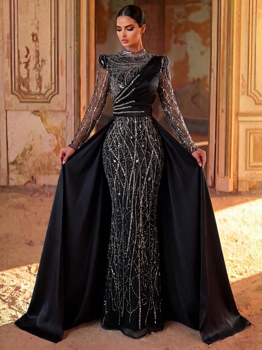 Aureia Elegant Formal Queen Luxurious Beaded Bubble Embroidery Sequin Patchwork Satin Sheer Sleeve Mermaid Skirt Conservative Wedding Party Evening Black - Black - View 1