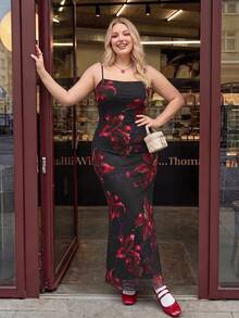 SHEIN MOD Plus Size Elegant Black Burgundy Large Floral Mesh Cami Maxi Dress, Vintage Bodycon Birthday Party Wedding Vacation Summer Dress For Women - Multicolor - View 2