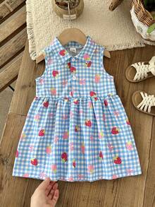 SHEIN Baby Girl 0-3years 1pc Casual And Cute Style Sleeveless Strawberry Printing ,Button Short Dress - Blue - View 5