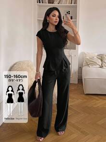 SHEIN PETITE 女款純色上衣與長褲休閒日常兩件套 - 黑色 - 查看 9