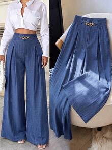 Elenzga Pantalones de Primavera/Otoño con Anillo Metálico, Pierna Ancha y Cintura Plisada - Azul - Ver 1