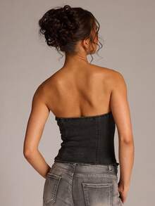 SHEIN BAE Sexy Fashion Black Washed Napoleon Tube Top Denim Blouse - Black - View 2