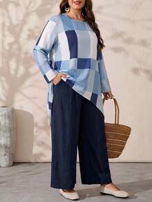 EMERY ROSE Plus Size Women's Colorblock Long Sleeve Top And Pants Casual Daily 2 Pieces Set Fall - Blue and White - View 3
