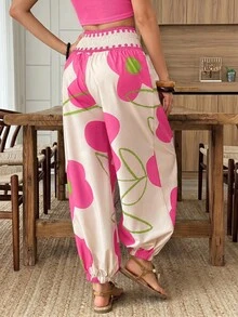 Louniche Women's Elastic Waist Lantern Pants For Spring/Summer Vacation, Fashionable For Summer Wear Beach Vacation Pink Floral - Multicolor - View 2