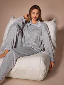 Lazeform Women's Plush Lapel Cardigan & Long Pants Loungewear Set - Grey - View 7
