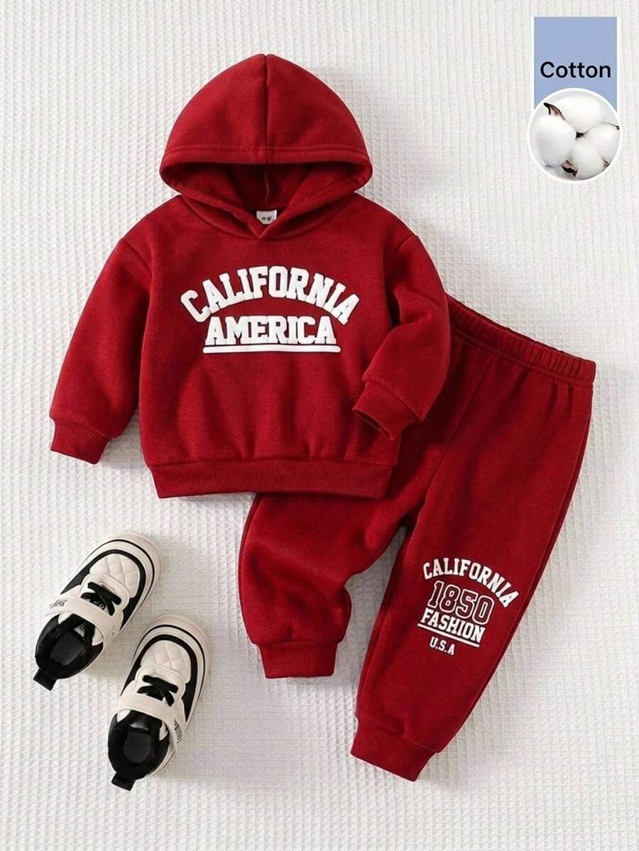 SHEIN 2pcs Set Pakaian Kasual Bayi Laki-laki: Hoodie Lengan Panjang dan Celana Olahraga dengan Huruf Timbul, Pakaian Kembali ke Sekolah Musim Gugur/Dingin - MultiWarna - View 1