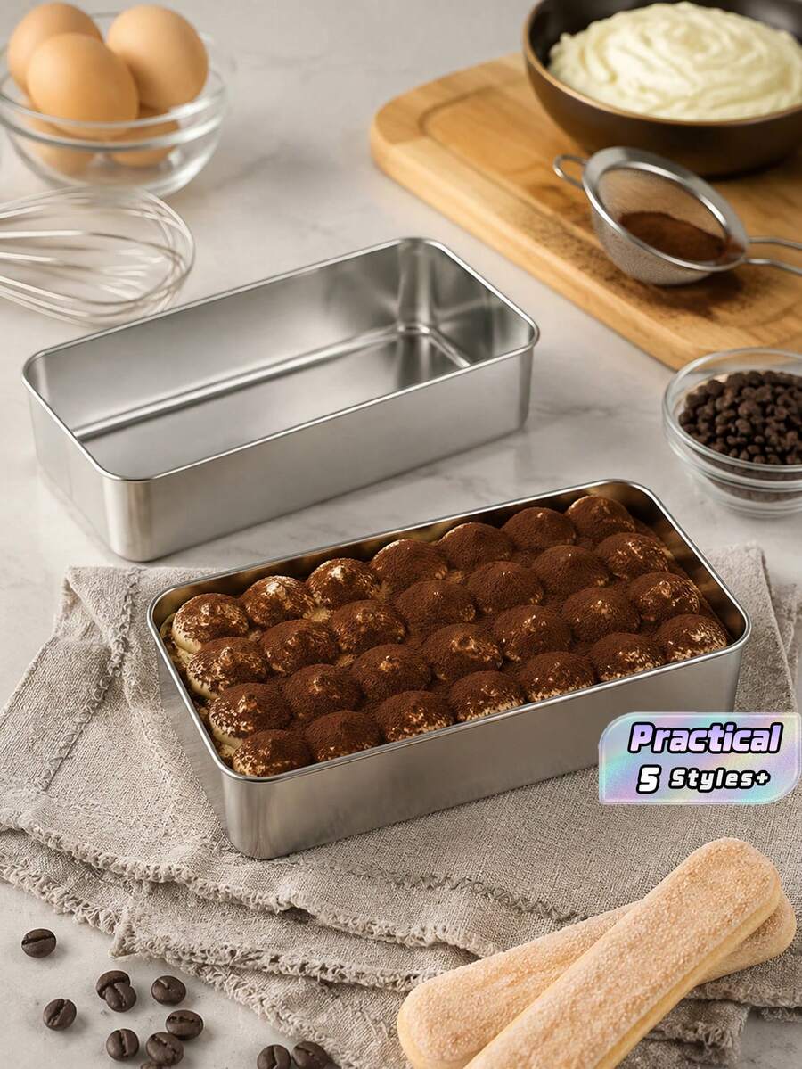 Stainless Steel Baking Tray Oven Bakeware, Cake Mold, Tiramisu Pan With Lid, Steamed Cake Baking & Serving Tray, Stackable Snack Container, Stainless Steel Bento Box, Stackable Food Storage Box, For Nuts, Fruits, Picnic, Camping, Kitchen & Party - Multicolor - View 1