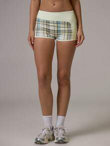 Musera Sport Checkered Contrast Colour Waistband Detail Fitted Sport Coord Mini Shorts Gym Pilates Daily Running - Multicolor - View 3