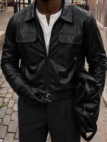 HIMLAND Men's Solid Color PU Leather Fashion Versatile Daily Casual Jacket - Black - View 2